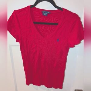 Women's Ralph Lauren Polo, v-neck shirt, hot pink, size M